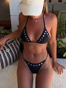 2026 Women's Halloween Latest Fashion Beachwear: Black Solid Color Sexy Halter Tie-Front Bikini Two Pieces Set, Exuding Elegant And Sexy Charm. - Black - View 2