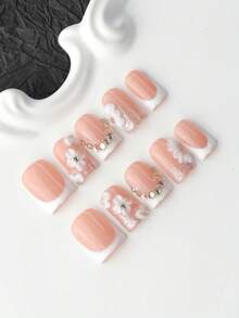 10pcs Handmade Press On Nails, Short Square Nude Pink Floral Nails, 3D Nail Charms, Junk Charms, Y2K Nails Square, Faux Ongle, Handmade Nails, Nail Stickers, Removable Reusable Square Press On Nails, Tool Kit Included, Party Daily Gift For Women - Multicolor - View 2
