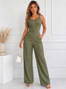 Women's Denim Effect V-Neck Sleeveless Ruched Waist Wide Leg Casual Jumpsuit With Side Pockets Summer Elegant - Army Green - View 5