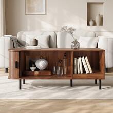 Coffee Table With Sliding Door, Modern Living Room Table With Storage Space, Rectangular Sofa Table With Slatted Look, Side Table With Open Storage Compartment For Living Room, 110 X 40 X 55 Cm - Brown - View 4
