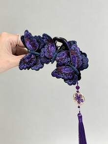1件新款中式刺繡蝴蝶流蘇髮夾，復古紫色布料髮夾，女款復古髮飾 - 彩色 - 查看 3