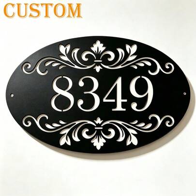 3 Sizes Available! Custom Oval Shaped Vintage Iris Hollow Outdoor Metal Door Number Plate, Scroll Style Address Sign, Custom Vintage Door Number