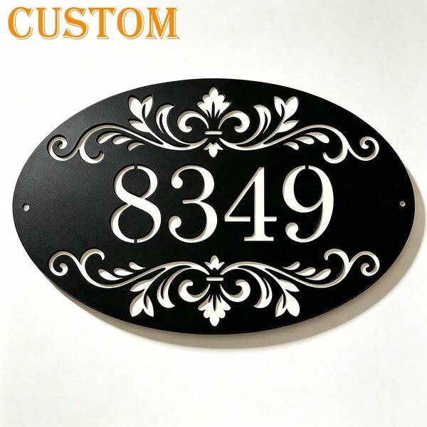 3 Sizes Available! Custom Oval Shaped Vintage Iris Hollow Outdoor Metal Door Number Plate, Scroll Style Address Sign, Custom Vintage Door Number