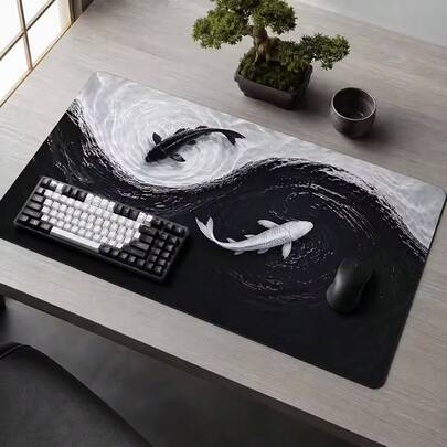 Pad pentru mouse Gamer XL extra mare, Koi alb-negru, XXL, pentru acasă și birou, din cauciuc natural, covoraș pentru masă PC, mousepad