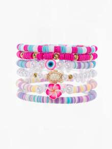6pcs/Set Multi-Color Sweet Cute Soft Clay Resin Faux Pearl CCB Beads Shell Starfish Turtle Ocean Elements Evil Eye Flower Pentagram Bracelet Set, Suitable For Women Daily Wear And Gift - Multicolor - View 9