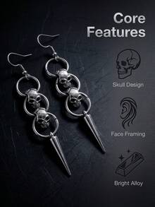 2pcs Gothic Personalized Skull Rivet Round Hoop Earrings, Suitable For Men And Women, Daily Wear, Party, Gathering - Silver - View 2