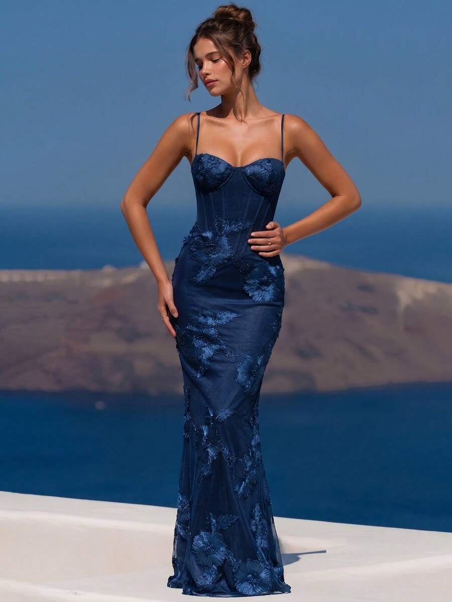 Floral Embroidered Elegant Sexy Party 3D Flower Backless Evening Dress For Night Date, Anniversary, Graduation Party, Formal Dinner - Navy Blue - View 1