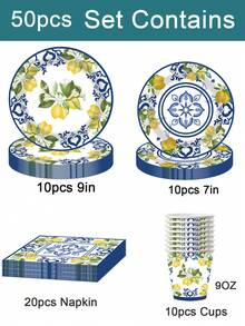 50pcs Lemon Party Supplies Disposable Tableware Set - Lemon Party Decorations, Yellow Lemon Pattern Plates, 7"/9" Paper Plates, Napkins, 9oz Paper Cups, And Summer Fruit Lemon Decor Party Tableware (Suitable For 10 Guests) - Multicolor - View 14