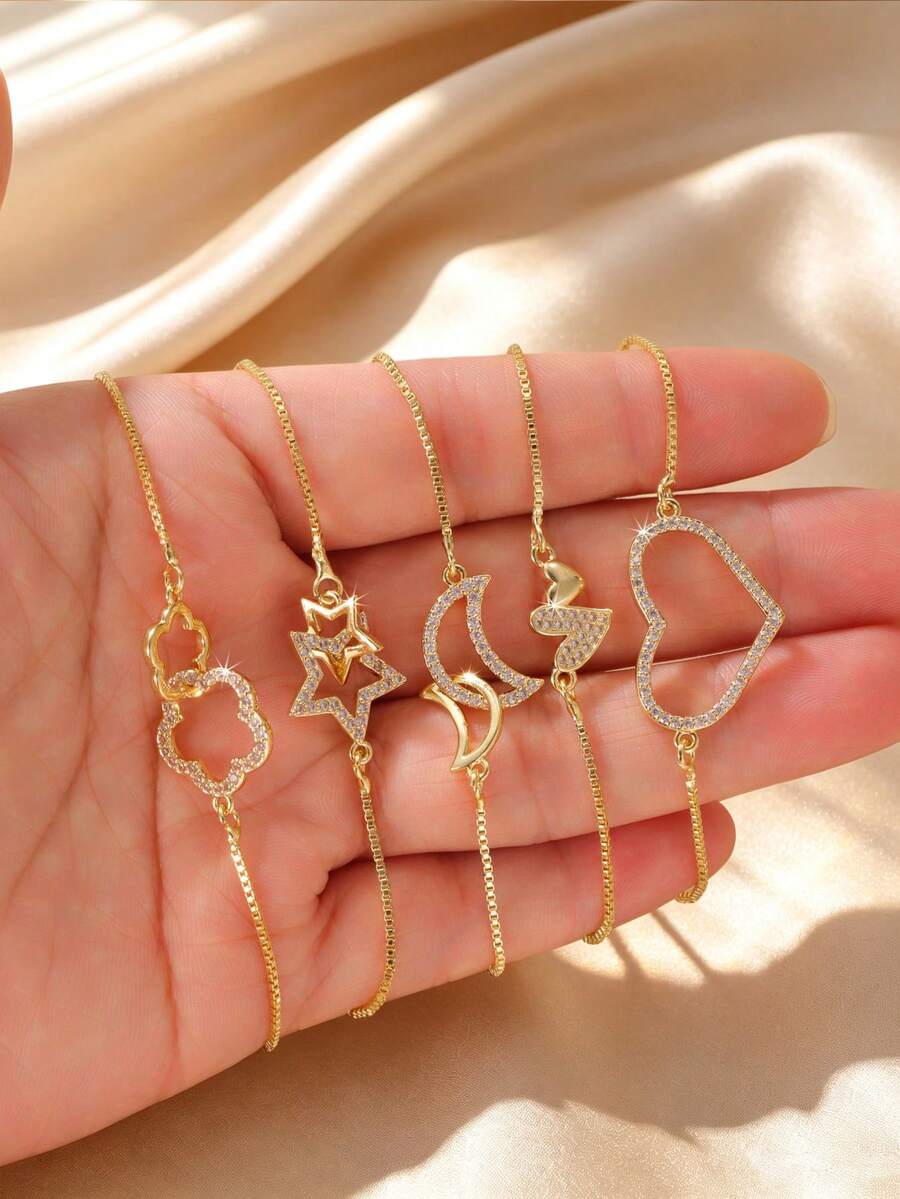 GEREIT 1pc Copper Micro-Inlaid Zirconia 14K Gold Plated Adjustable Cord Heart Moon Star Flower Bracelet - Gold - View 1