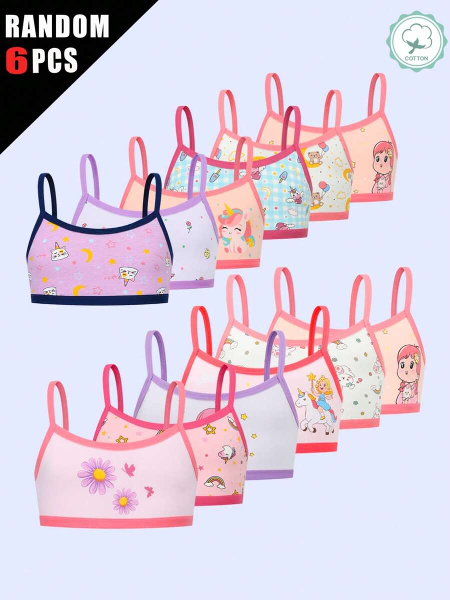 Random 6pcs Tween Girls' Camisole Underwear, Cute Cartoon Cat Pattern, Cotton Breathable Comfortable Girls' Tank Top Underwear - Multicolor - View 1