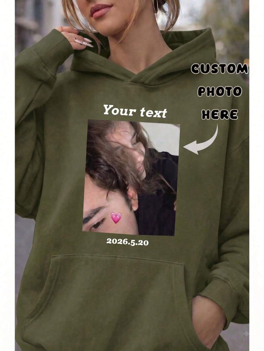 Áo hoodie nữ tùy chỉnh, phù hợp mặc mùa thu/đông. Tải lên ảnh yêu thích/bạn bè/người yêu/phong cảnh/thú cưng của bạn. Thể thao - Màu xanh Ô liu - Xem 1
