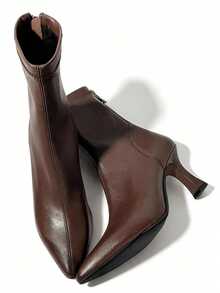Fall/Winter 2025 Women's Pointed-Toe High Heel Ankle Boots With Zipper Back, British Style Fashion Ankle Boots, Fashion Match Dresses For Women, Kitten Heels - Brown - View 2