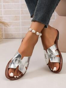 Women Silver Metallic H‑Shape Woven Slide Sandals, Open‑Toe Outdoor Slip‑On Slides, Summer Beach Vacation Shoes - Silver - View 6