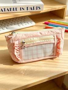 Cute Plaid Ruffled Pencil Case, Star Pendant Double Zipper Stationery Storage Bag, Large Capacity Transparent Window Pencil Pouch, Suitable For Back To School, Holidays, Travel, Soft Fabric Portable Makeup Organizer, Student Gift, Back To School Supplies - A - View 2