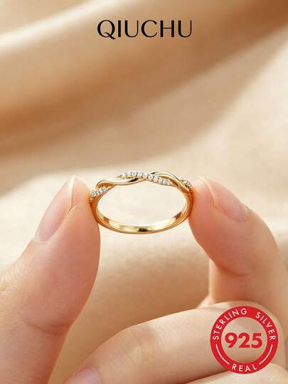 QIUCHU 1 pieza, Plata de ley S925, Anillo con diseño de cuerda retorcida, Anillo versátil apilable de estilo elegante europeo y americano para mujer, Adecuado para uso diario, citas, fiestas y regalo perfecto para vacaciones. Peso neto de plata: 1.8g