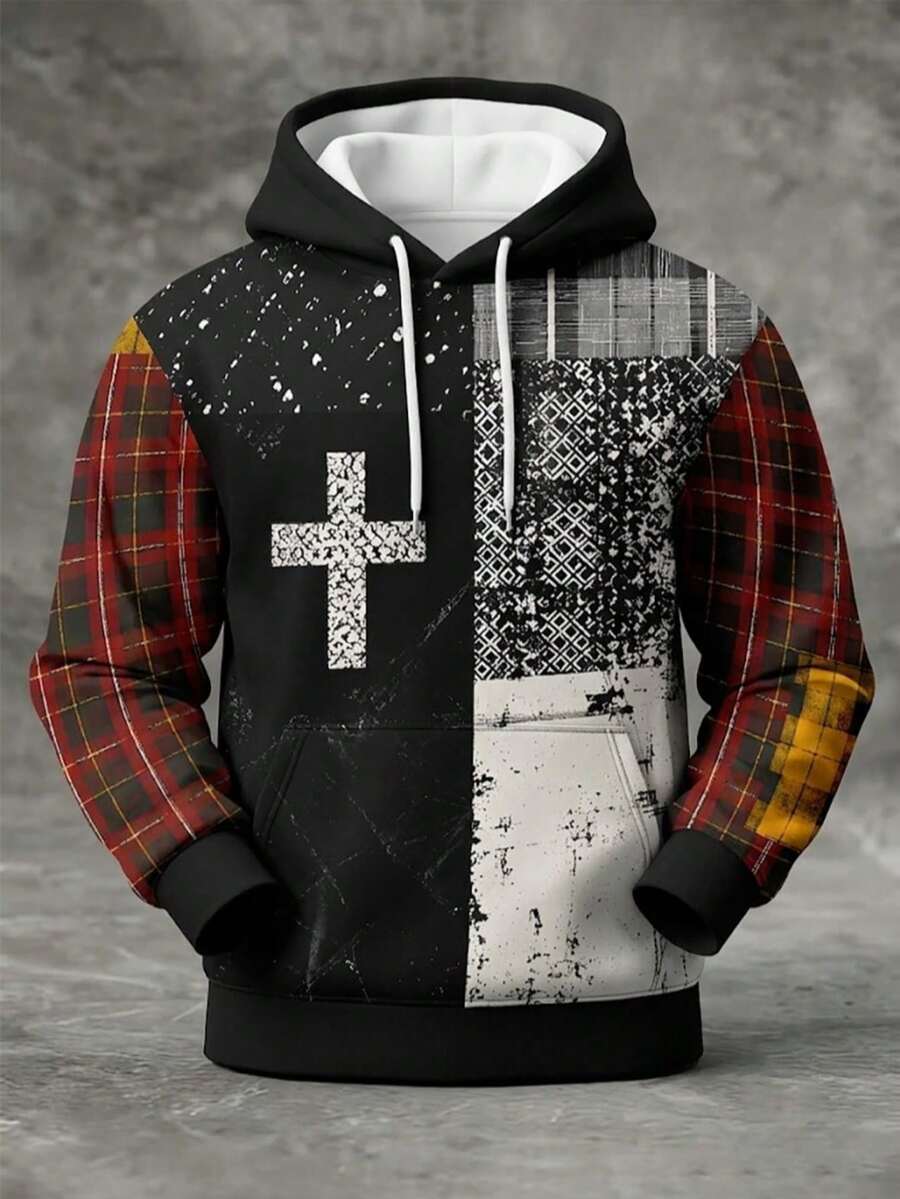 Sweatshirt Hoodie Pria Motif Kotak-kotak Patchwork Silang, Hoodie Bertali dengan Cetakan Usang Gaya Rock Vintage - MultiWarna - View 1