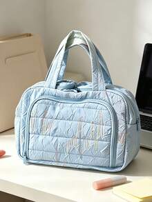 Embroidered Line Decor Large Capacity Multi-Compartment Water-Resistant Tote Bag With Zipper Closure, Casual Lazy Style Handbag, Suitable For Students, Office Workers, Travel, Daily Storage - Blue - View 4
