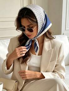1pc Dual-Color Geometric Fish Pattern Satin Square Scarf, Elegant Women's Scarf Headscarf Bag Accessory - Multicolor - View 5