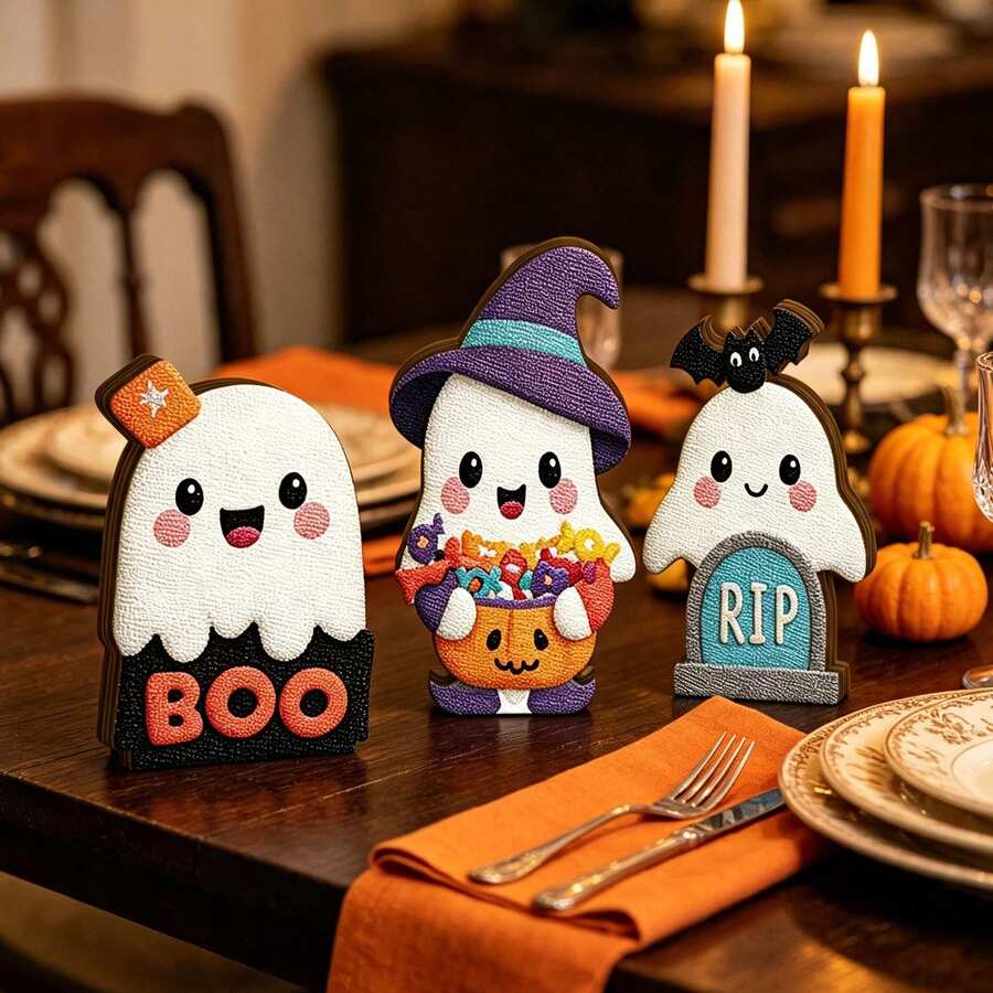 3pcs Cute Cartoon Ghost Wooden Desktop Decor Set, Witch Hat Ghost With Pumpkin Candy, BOO Letter & Tombstone Bat Design, Halloween Tiered Tray Decoration, Spooky Autumn Farmhouse Style Tabletop Bookshelf Fireplace Mantel Centerpiece Ornament, Home Halloween Party Indoor Use - Multi-color a - View 1