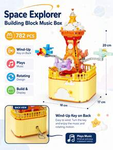 1pc 782/836 PCS Mechanical Wind-Up Building Block Music Box, 2 Styles Available, Rotates While Playing Music, Dream Carousel & Space Explorer Small Blocks Toy, Desktop Display Decor, Gift Idea - Clear - View 4