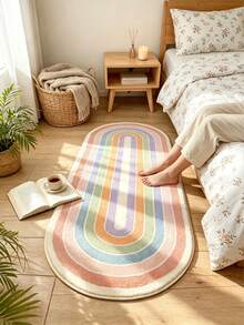 1pc Rainbow Striped Oval Bedroom Rug, Soft Fluffy Faux Cashmere Bedside Mat, Non-Slip Washable Long Floor Carpet, Suitable For Bedroom, Living Room, Dorm, Minimalist Home Decor - Multicolor - View 1