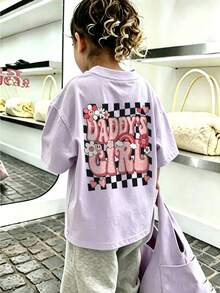 Baby GirlMinimalist Plaid Graffiti & Letter Print Round Neck Short Sleeve Cute Top - Mauve Purple - View 9