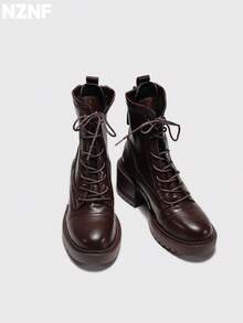 NZNF 1 Pair Contrast Color Western Style Buckle Thick Sole Slip-On Women's Retro Knight Boots Matte Chunky Heel Mid-Calf Boots Outdoor - Brown - View 4