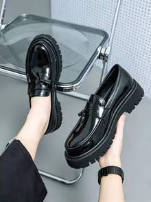 Men's Versatile Business Casual Thick Sole Height-Increasing Slip-On Black & White Colorblock Loafers - Glossy Black - View 9