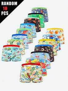 10pcs Random Boys Boxer Briefs Fashion Football Racing Dinosaur Pattern Soft Comfortable Boys Underwear - Multicolor - View 1