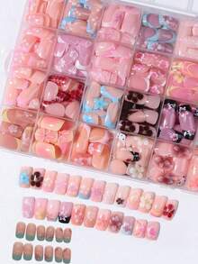 Random 24pcs Y2K Short Square Painted French Press-On Nails, 3D Gel Flower, Ladybug, Polka Dot & Pearl Design, Spring Nail Art, Summer Nail Art, Easy To Wear Acrylic False Nail Set, Suitable For Girls Daily & Party Use - Multicolor - View 5