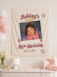 1pc Vintage Birthday Tapestry Wall Decor, Personalized Photo Backdrop, Customized Vintage Fabric Banner, Birthday Party Decoration, Celebration Wall Hanging, Room Decor, Customized Photo Gift, Personalized Keepsake - Multicolor - View 6