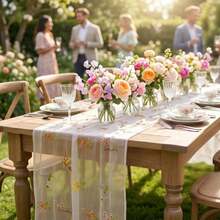 3pcs Champagne Floral Table Runner 10ft, Embroidered Tulle Spring Wildflowers And Autumn Decor, Suitable For Wedding, Party, Baby Shower, Birthday Party, Kitchen Dining Table, Outdoor Picnic - Yellow Wildflower Embroidery - View 6