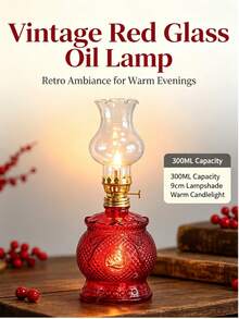 Vintage Kerosene Lamp - Butter Lamp - Paraffin Lamp - Just Add Your Own Liquid Fuel (Animal Oil Or Vegetable Oil) To Use. Lighting Tool, Night Lighting. Vintage Style Oil Lamp (Flammable) / Windproof Glass Paraffin Lamp / Nostalgic Decoration / B&B Decoration Adjustable Light Source Yoga Studio Restaurant Cafe Study Lighting Atmospheric - Red - View 2