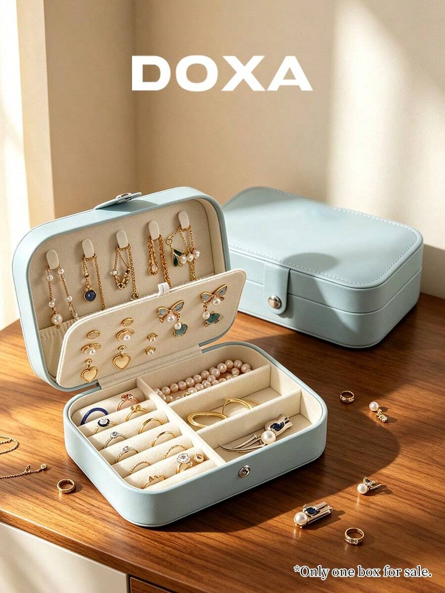 DOXA Light Blue Travel Jewelry Box, Portable Jewelry Storage Box, Multi-Compartment Ring, Earring, Necklace Organizer - Blue - View 1