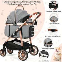 3-In-1 Foldable Dog Buggy Up To 20kg | Foldable Cat Stroller, Pet Buggy With 4 360° Rubber Wheels, With Storage Basket And Cup Holder - 金色+灰色 - 查看 5