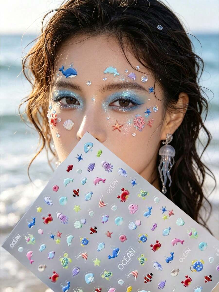 Cute Underwater Animal Face Sticker Set With Tweezers, Whale Octopus Starfish Shell Self-Adhesive Face Stickers For Beach Vacation And Music Festival Makeup,Halloween Costume - Multicolor - View 1