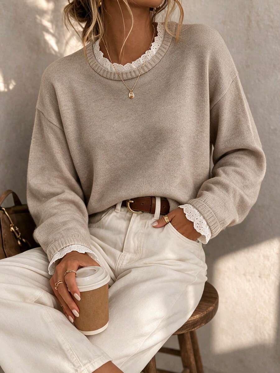 Sweater Rajut Leher Bulat Wanita Musim Semi/Gugur, Lengan Panjang dengan Manset Berenda, Atasan Rajut Pendek Serbaguna untuk Aktivitas Sehari-hari dan Kasual - Khaki Muda - View 1
