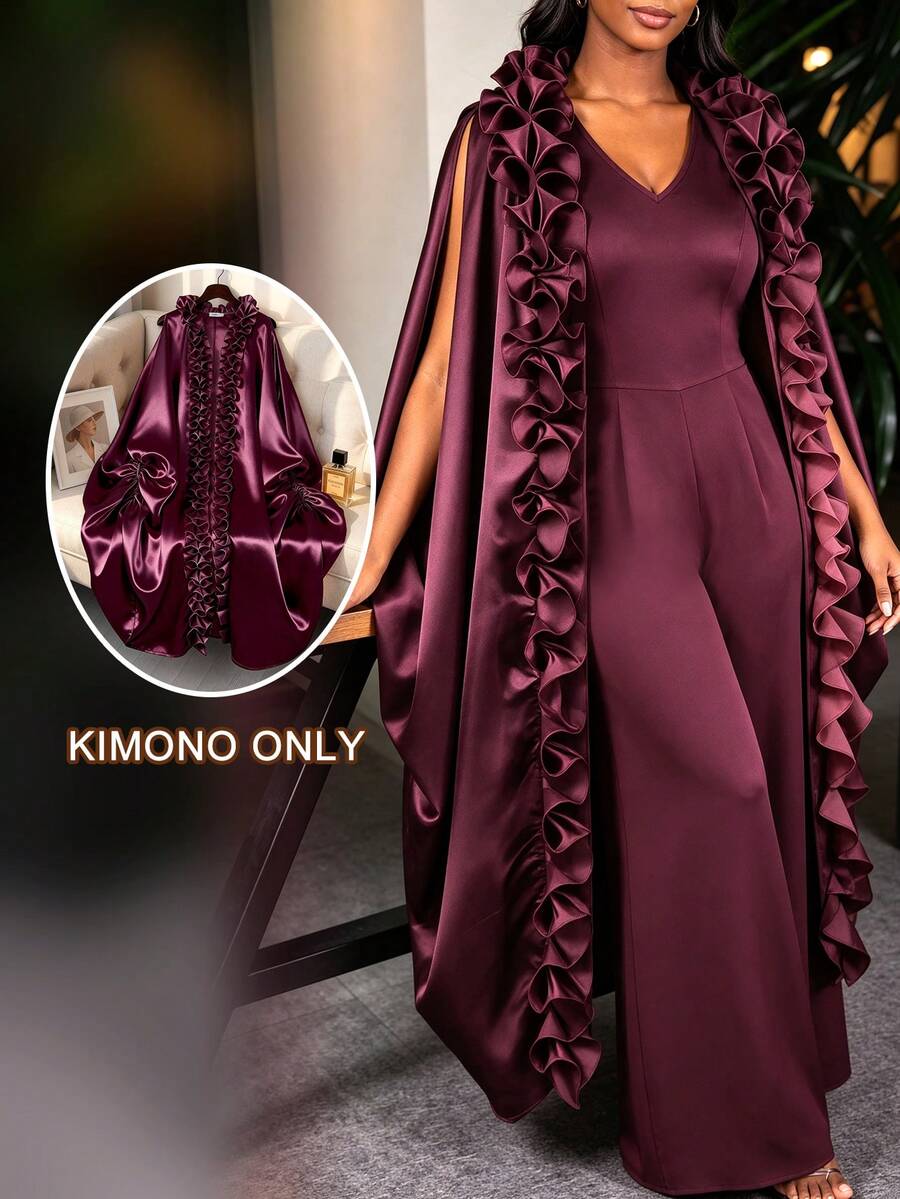 African Women Satin Open Front Long Kimono Robe 3D Floral Ruffle Trim Batwing Loose Fit Cover Up Kaftan For Church Party Occasion - Burgundy - View 1