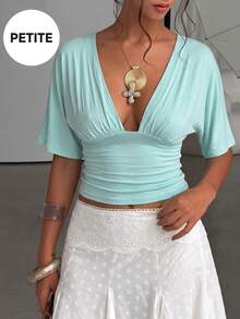 Soulscape Women's Elegant Vacation Casual Deep V-Neck Top For Petite Summer - Light Blue - View 3
