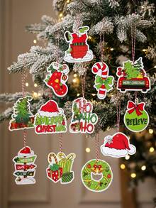 12pcs Fun Vintage Christmas Paper Hanging Ornaments With String, Christmas Tree Truck Wreath Candy Cane, Christmas Photo Frame Decor, Classroom Christmas Supplies, Merry Christmas Home Decor, Christmas Decorations, Merry Christmas, Baby Christmas Birthday Party, Baby Shower - Multicolor - View 11