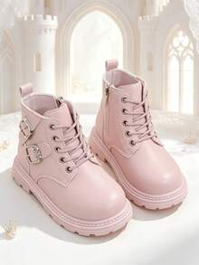 1 Pair Girls' Short Boots, Soft PU + Metal Buckle Decor, Round Toe Elastic Soft Sole, Inner Zipper Design, Fashionable British Style Ankle Boots, Suitable For Boys And Girls Students, Daily Campus, Vacation, Outings - Pink - View 6