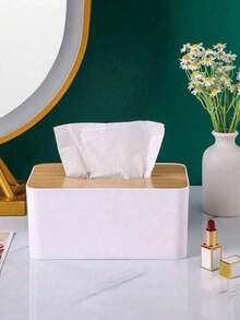 1pc Minimalist Wooden Lid Plastic Tissue Box, Black & White Dual Color Optional, Suitable For Home Dining Table, Office, Hotel Guest Room, Restaurant Tabletop Tissue Box Decoration - Multicolor - View 8