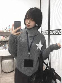 Korean Style Asymmetrical Design Loose Niche Cape High Neck Star Knit Sweater Pullover Top For Women, Autumn/Winter - Grey - View 1