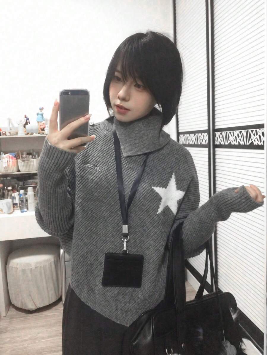 Korean Style Asymmetrical Design Loose Niche Cape High Neck Star Knit Sweater Pullover Top For Women, Autumn/Winter - Grey - View 1