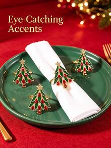 4pcs Christmas Tree Design Napkin Rings With Red Diamond And Enamel Decoration, Suitable For Birthday, Wedding, Thanksgiving, Christmas, Easter, Halloween, Banquet, Buffet Table Exquisite And Minimalist Decor - Multicolor - View 2