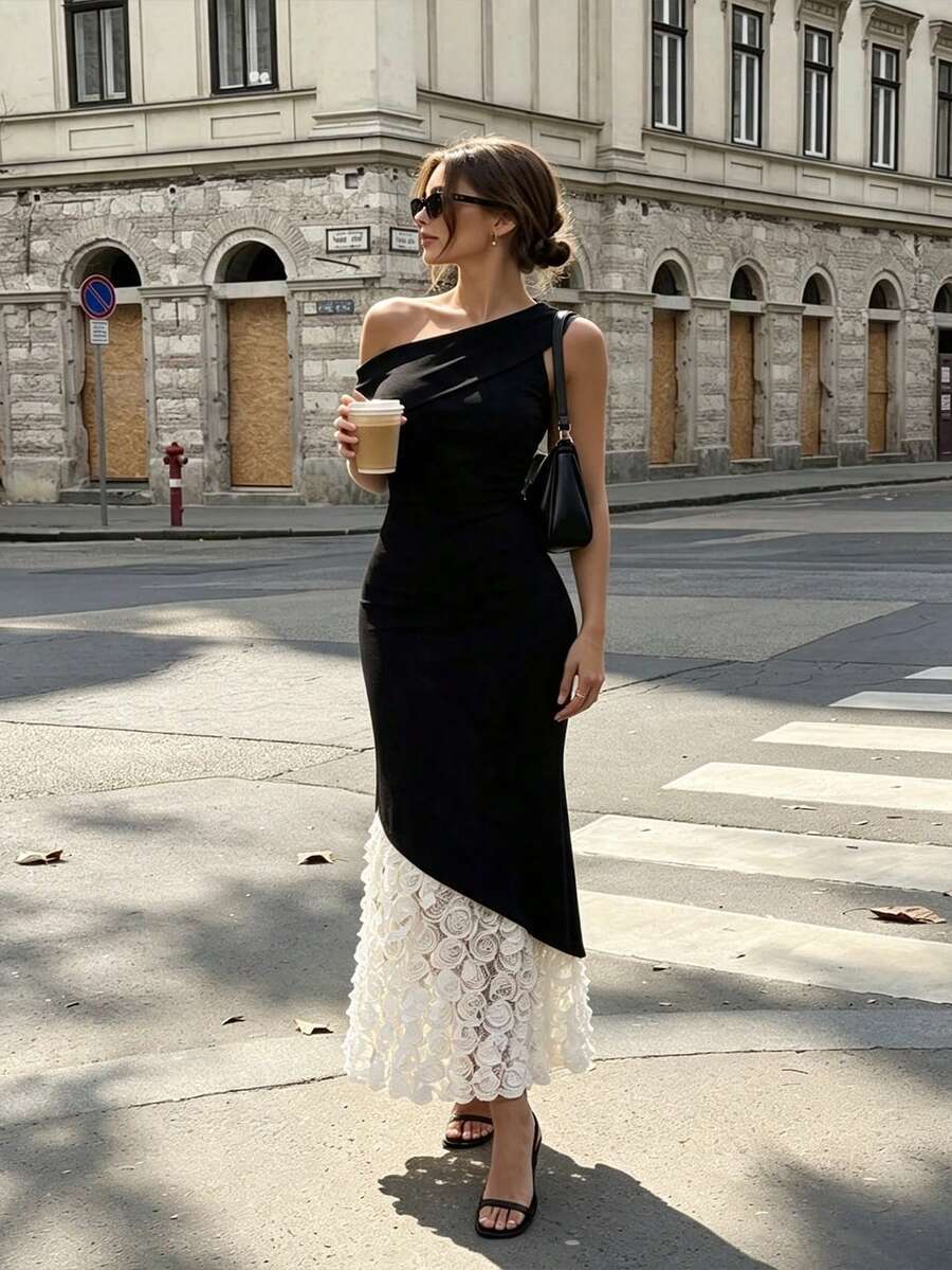 Keke Bloomly New Women's Asymmetrical Shoulder Fitted Mermaid Rose Romantic Floral Patchwork Long Dress, Valentine's Day Outfit, Autumn New Arrival, Suitable For Parties - Black and White - View 1