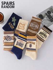 Random 5/10/20 Pairs Women's American Vintage Coffee Brown Spring/Autumn Striped Letter College Style Mid-Calf Socks - Multicolor - View 7
