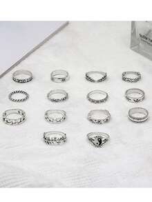 14pcs/Set Personalized Vintage Yin Yang Tai Chi Elephant Geometric Feather Leaf Rings - Tai Chi Elephant Geometric Feather Leaf Ring 14-piece Set - View 4