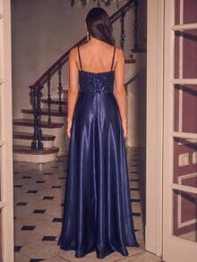 BluePlum Elegant Sequin Spaghetti Strap Satin Patchwork Backless A-Line Floor-Length Evening Gown Dress, For Prom, Evening Party, Date, Wedding Guest, Dinner - Navy Blue - View 4