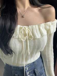 Sweater Lengan Panjang Wanita Kasual Warna Polos Model Off Shoulder - Aprikot - View 3